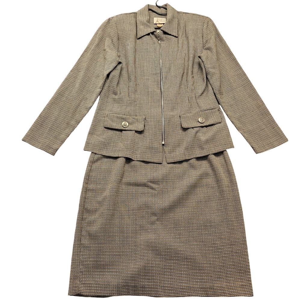 Boulevard De Paris Vintage Houndstooth Skirt Suit Set Size 10 Tan Black Zip Up